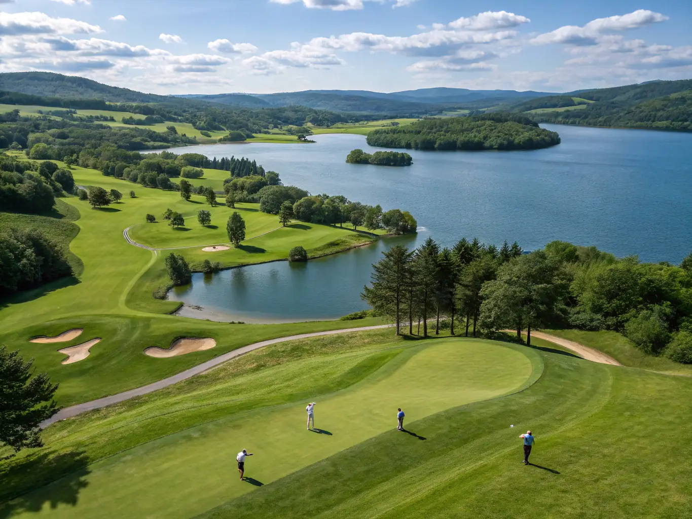 An aerial shot of a well-maintained golf course showcasing its layout, including the greens, bunkers, and water hazards. The image should highlight the course's unique design and challenges.