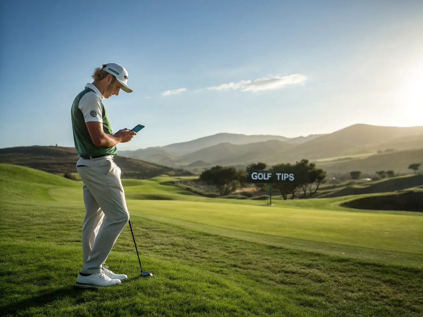 A close-up shot of a golfer using the TeeBotAi app on their smartphone to view course details and playability scores. The image should emphasize the convenience and user-friendliness of the platform.