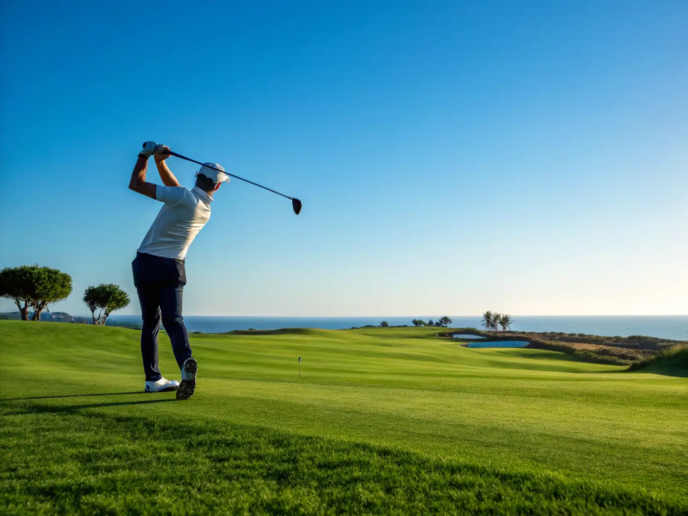 A scenic view of a golfer teeing off at a local golf course, with lush green fairways and trees in the background, under a bright sunny sky. The image should convey a sense of relaxation and enjoyment.